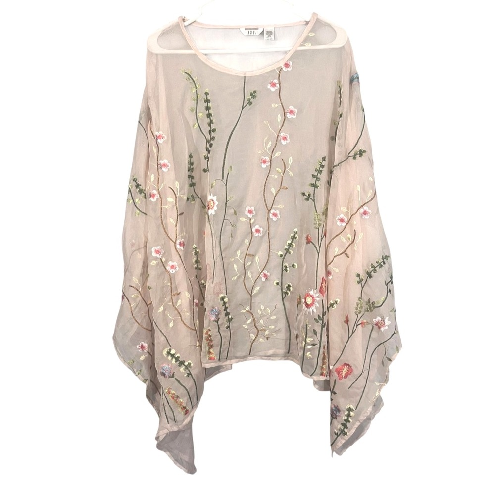 Kaktus Women's Sheer Floral Embroidered Poncho Topper Open Side Kimono One Size